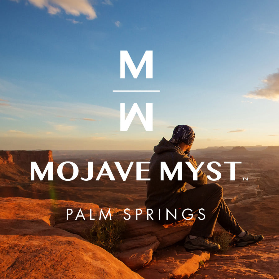 Person sitting on rocks looking out over desert canyons and mesas. Text on image: MM icon, Mojave Myst Palm Springs