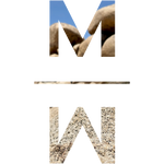 The Mojave Myst MM icon with white tank monzogranite rocks and blue sky coloring in its letter shapes.